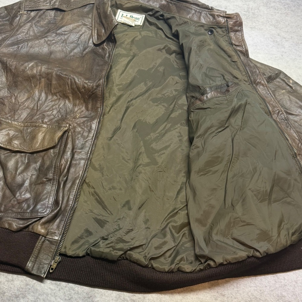 VTG LL Bean A2 Flight Jacket Mens Size L Brown Distressed Leather Bomber Jacket - Picture 6 of 11
